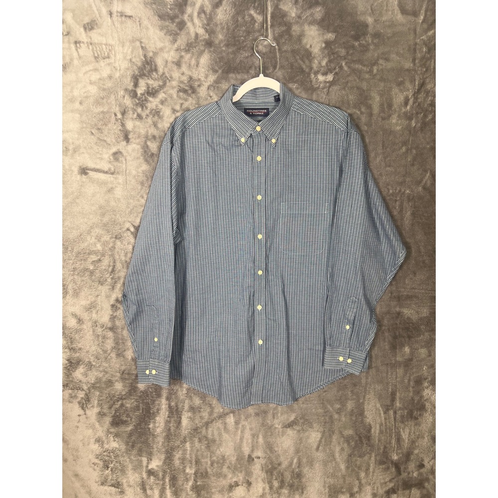 Roundtree & Yorke Mens Large Blue White Micro Check Cotton Button Down Shirt